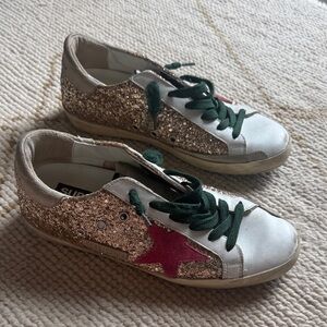 Golden Goose Super-Star White Leather Sneakers w/ Gold Glitter & Pink Star